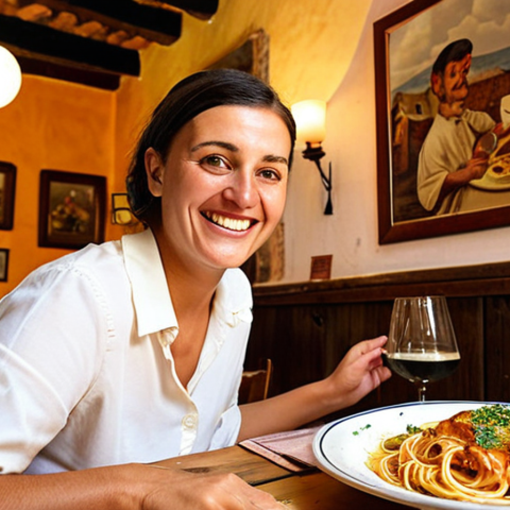 **Prompt 1: Authentic Trattoria Discovery**
    An enthusiastic traveler, guided by a friendly local, enjoying a delicious, traditional Italian meal in a hidden, rustic trattoria. The scene captures the warm, non-touristy atmosphere, with genuine smiles, plates of authentic regional pasta or seafood, and a sense of having found a true local gem. Soft, inviting lighting, focus on connection and delicious food.