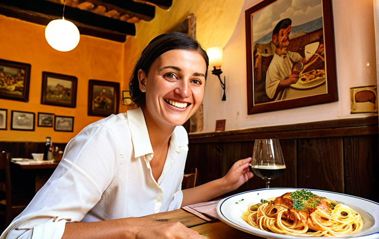 **Prompt 1: Authentic Trattoria Discovery**
    An enthusiastic traveler, guided by a friendly local, enjoying a delicious, traditional Italian meal in a hidden, rustic trattoria. The scene captures the warm, non-touristy atmosphere, with genuine smiles, plates of authentic regional pasta or seafood, and a sense of having found a true local gem. Soft, inviting lighting, focus on connection and delicious food.