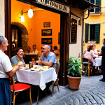 **

Prompt: *A bustling Roman trattoria scene. Locals and tourists intermingling, enjoying authentic Italian dishes. Focus on the warmth and inviting atmosphere, avoiding stereotypical tourist-trap signs. Feature a waiter interacting warmly with a customer, perhaps recommending a regional specialty.*

**