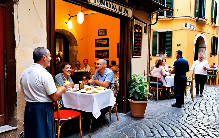 **

Prompt: *A bustling Roman trattoria scene. Locals and tourists intermingling, enjoying authentic Italian dishes. Focus on the warmth and inviting atmosphere, avoiding stereotypical tourist-trap signs. Feature a waiter interacting warmly with a customer, perhaps recommending a regional specialty.*

**
