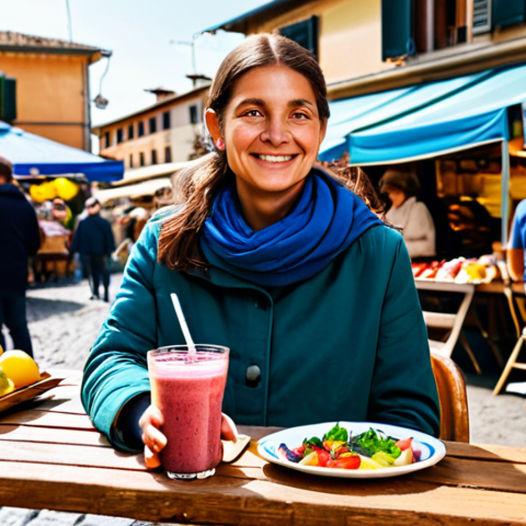 A female traveler, fully clothed in modest, comfortable travel attire, sits at a wooden table in a vibrant, bustling outdoor food market in Italy. She holds a colorful glass of fresh fruit smoothie and a small plate of gourmet salad, looking at the food with a mindful, appreciative expression. In the background, sunlit market stalls display fresh produce and local delights. The image should convey a sense of balanced enjoyment and well-being. safe for work, appropriate content, fully clothed, family-friendly, perfect anatomy, correct proportions, natural pose, well-formed hands, proper finger count, natural body proportions, professional photography, high quality.