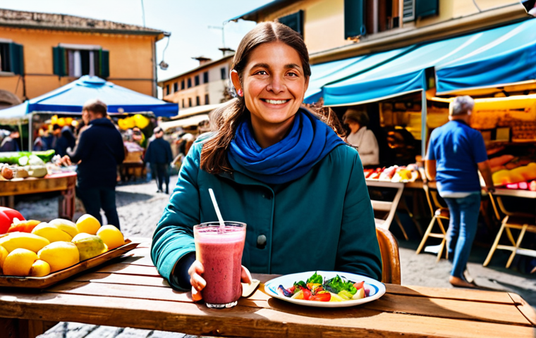 A female traveler, fully clothed in modest, comfortable travel attire, sits at a wooden table in a vibrant, bustling outdoor food market in Italy. She holds a colorful glass of fresh fruit smoothie and a small plate of gourmet salad, looking at the food with a mindful, appreciative expression. In the background, sunlit market stalls display fresh produce and local delights. The image should convey a sense of balanced enjoyment and well-being. safe for work, appropriate content, fully clothed, family-friendly, perfect anatomy, correct proportions, natural pose, well-formed hands, proper finger count, natural body proportions, professional photography, high quality.