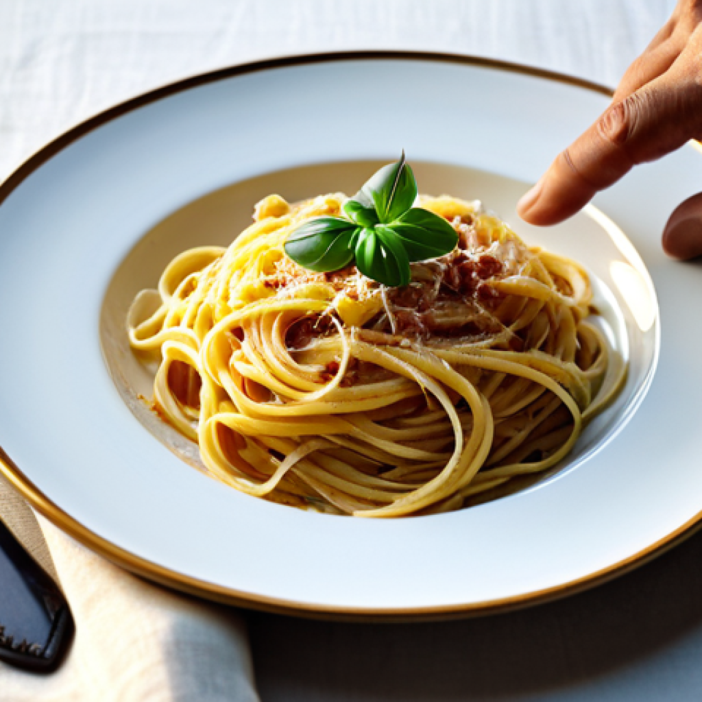 Pasta Perfection in Golden Light**
"Close-up of a perfectly plated pasta dish, bathed in the warm, soft light of the golden hour. Authentic Italian ceramic plate, simple linen napkin. Soft shadows, high detail, professional food photography. Spaghetti carbonara. safe for work, appropriate content, fully clothed, professional, perfect anatomy, correct proportions, natural pose, well-formed hands, proper finger count, natural body proportions."
**