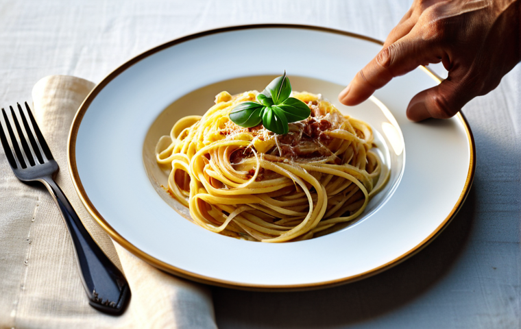 Pasta Perfection in Golden Light**
"Close-up of a perfectly plated pasta dish, bathed in the warm, soft light of the golden hour. Authentic Italian ceramic plate, simple linen napkin. Soft shadows, high detail, professional food photography. Spaghetti carbonara. safe for work, appropriate content, fully clothed, professional, perfect anatomy, correct proportions, natural pose, well-formed hands, proper finger count, natural body proportions."
**