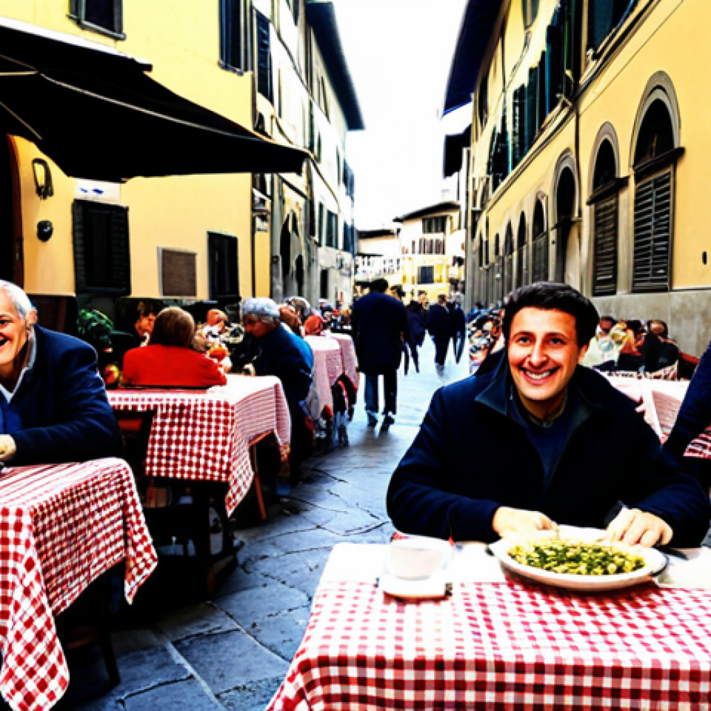 **
"A bustling trattoria in Florence, Italy, lunchtime. Patrons are seated at checkered tablecloth-covered tables, enjoying pasta dishes and glasses of wine. The scene is warm and inviting, filled with natural light. Waiters are serving food with friendly smiles. In the background, you can see a glimpse of the Duomo. The overall impression is authentic and charming. People are fully clothed in casual, appropriate attire. Safe for work, professional photography, perfect anatomy, correct proportions, natural pose, high quality, family-friendly."
**