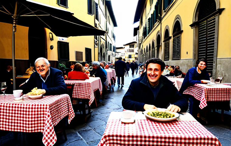 **
"A bustling trattoria in Florence, Italy, lunchtime. Patrons are seated at checkered tablecloth-covered tables, enjoying pasta dishes and glasses of wine. The scene is warm and inviting, filled with natural light. Waiters are serving food with friendly smiles. In the background, you can see a glimpse of the Duomo. The overall impression is authentic and charming. People are fully clothed in casual, appropriate attire. Safe for work, professional photography, perfect anatomy, correct proportions, natural pose, high quality, family-friendly."
**