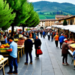 Home 7 **
"A vibrant farmer's market in Tuscany, Italy, bustling with activity. Stalls overflow with fresh produce, artisanal cheeses, and cured meats. People are browsing and interacting with vendors. In the background, rolling hills and cypress trees create a picturesque scene. Everyone is fully clothed in casual, appropriate attire. Safe for work, professional photography, correct proportions, natural pose, family-friendly."
**