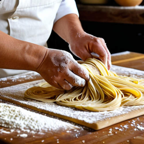 Home 18 Pasta Making in Emilia-Romagna**
A professional chef in a rustic Italian kitchen in Emilia-Romagna, making fresh pasta, fully clothed, appropriate attire, safe for work. Rolling out dough on a wooden table, flour dusting the surface. Perfect anatomy, correct proportions, natural pose, well-formed hands, proper finger count. Warm, inviting atmosphere, soft lighting. Professional photography, high quality, modest attire, family-friendly.
**
