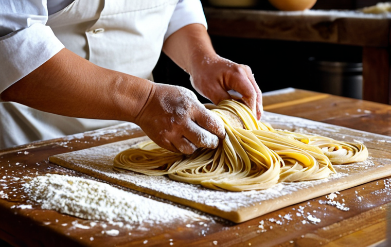 Pasta Making in Emilia-Romagna**
A professional chef in a rustic Italian kitchen in Emilia-Romagna, making fresh pasta, fully clothed, appropriate attire, safe for work. Rolling out dough on a wooden table, flour dusting the surface. Perfect anatomy, correct proportions, natural pose, well-formed hands, proper finger count. Warm, inviting atmosphere, soft lighting. Professional photography, high quality, modest attire, family-friendly.
**