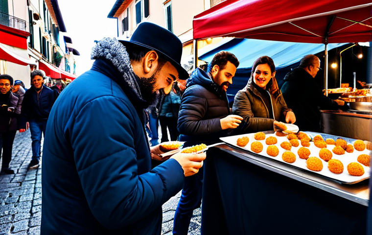 전국의 유명한 음식 축제 정보 공유하기 - **Prompt:** "A vibrant Italian street food festival, featuring 'arancine siciliane' and other region...