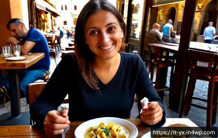 Home 13 여행 중 다양한 맛 탐색하기 - Photorealistic Italian traveler at a sunlit outdoor trattoria in Bologna, tasting small portions of ...